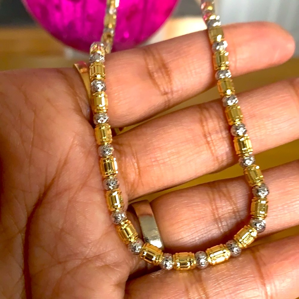 18k solid yellow and white gold diamond cut necklace